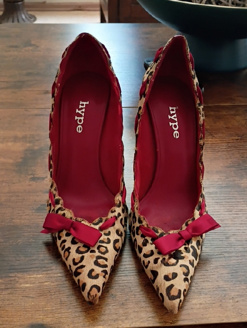 Hype Leopard Print Pointed Pumps with Red Trim and Bow
